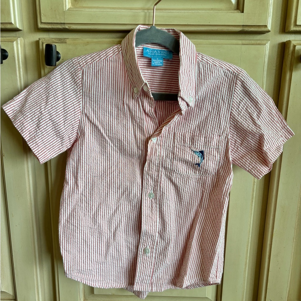 Anavini Red Seersucker Boys Button Down Shirt Size 3T